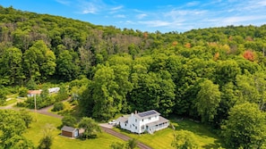 Uma casa branca com telhado solar, rodeada por uma floresta densa.
