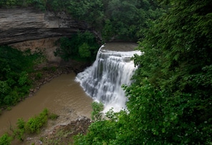 A waterfall cascading over a rocky cliff into a river, surrounded by dense greenery. - Hidden Oaks Resort - White Oak (Walling)