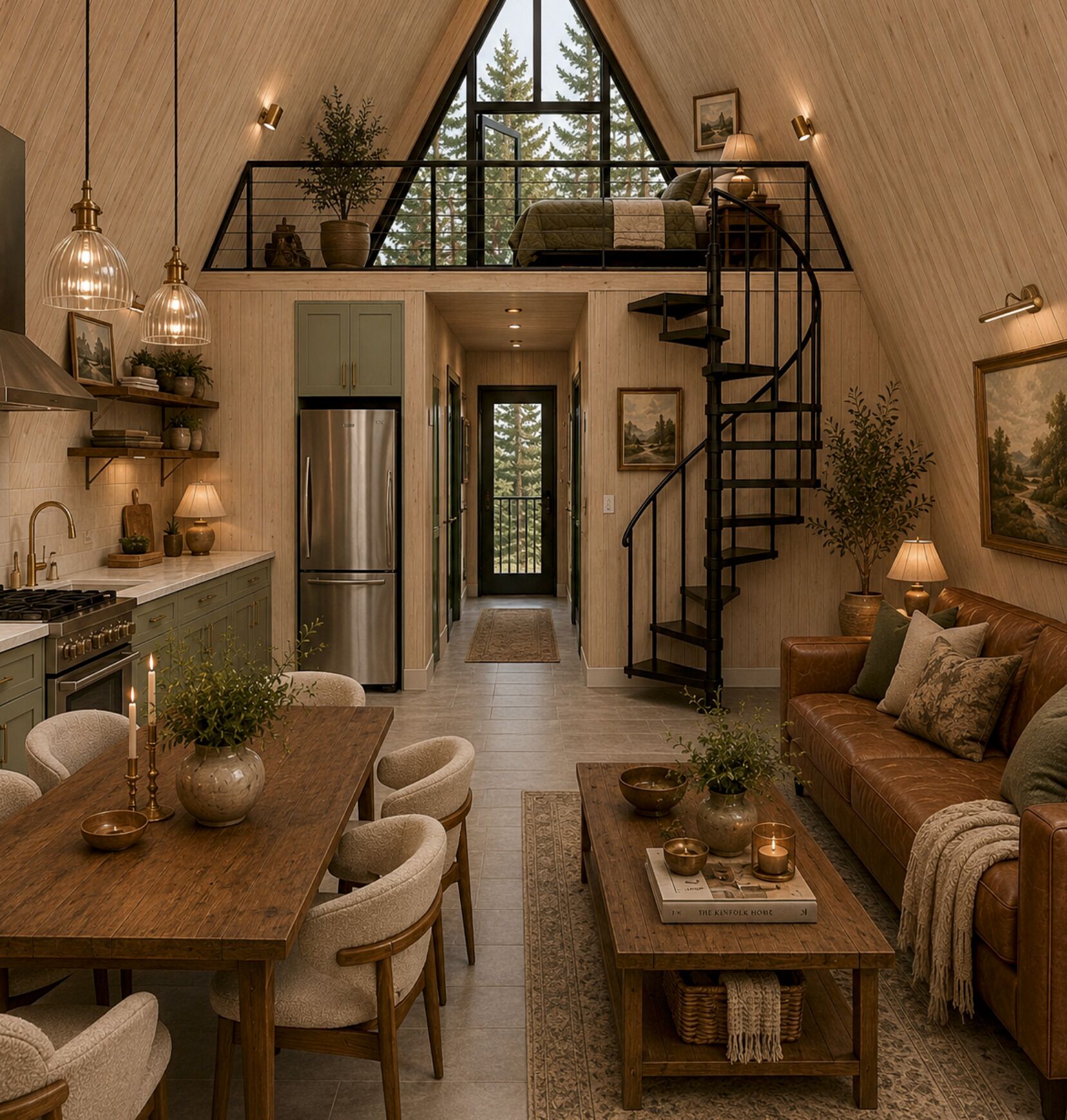 Ein großzügiger Lofts-Innenraum mit Küche, Essbereich und Wohnzimmer, inklusive Treppe und großen Fenstern.