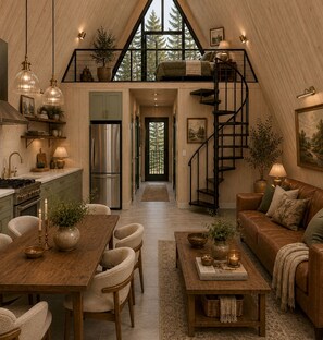 Ein großzügiger Lofts-Innenraum mit Küche, Essbereich und Wohnzimmer, inklusive Treppe und großen Fenstern.