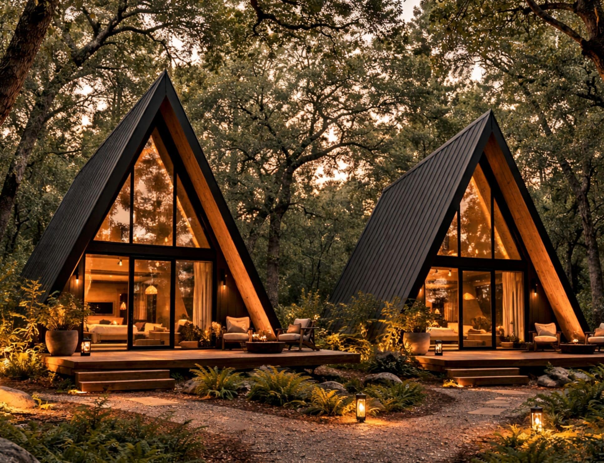 Dos cabañas modernas tipo A con ventanas amplias, rodeadas de un bosque.