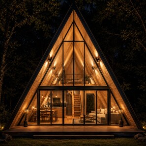 Eine dreieckige Holzhütte mit Glasfassade, einem Essbereich und einem Wohnzimmer mit Sofa und Couchtisch.