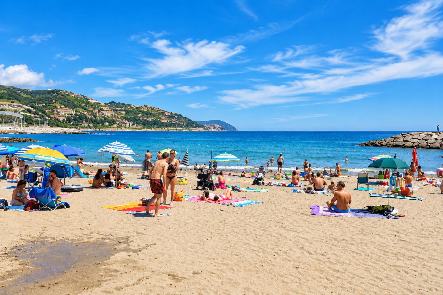 Una playa concurrida, gente tomando el sol y nadando, sombrillas y una costa rocosa al fondo.