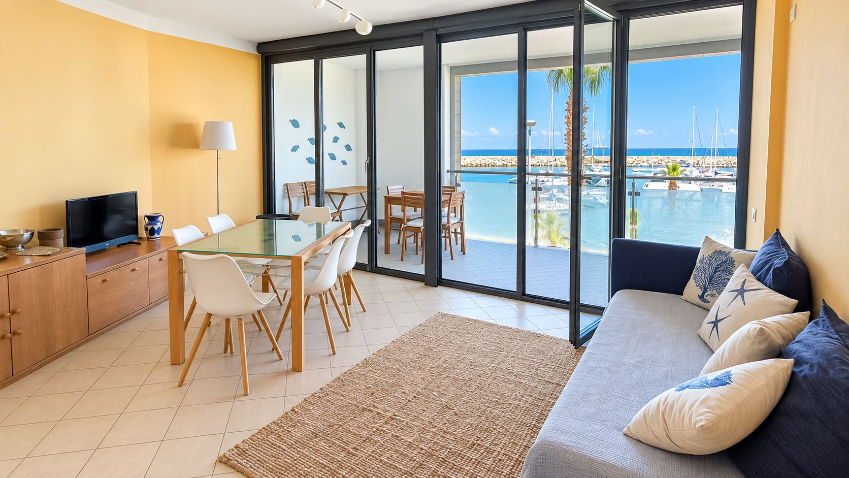 Un salón moderno con un ventanal de vidrio que da a un balcón con vistas a un puerto deportivo.
