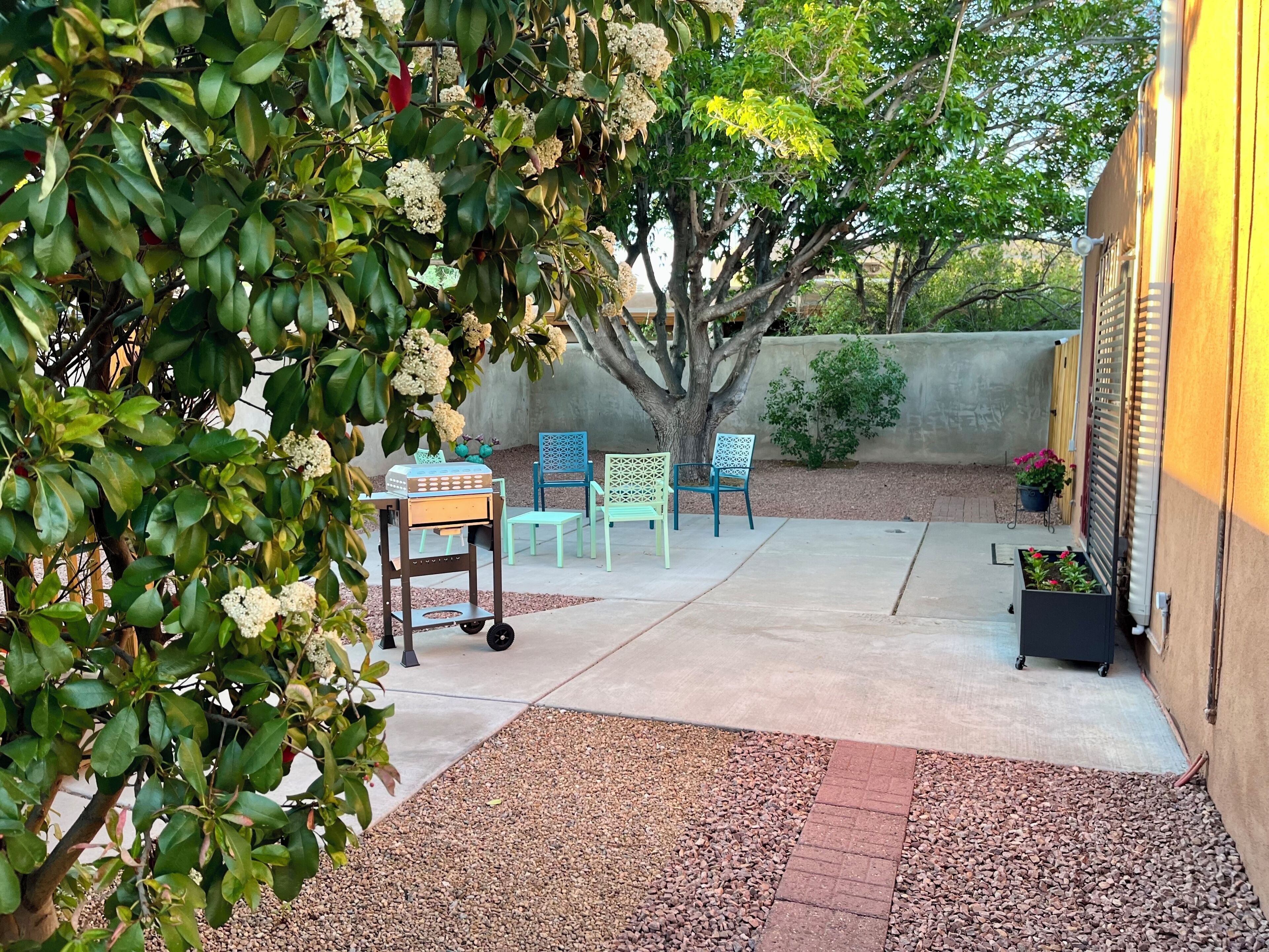 A patio area with a table and chairs, a tree, and a wall.