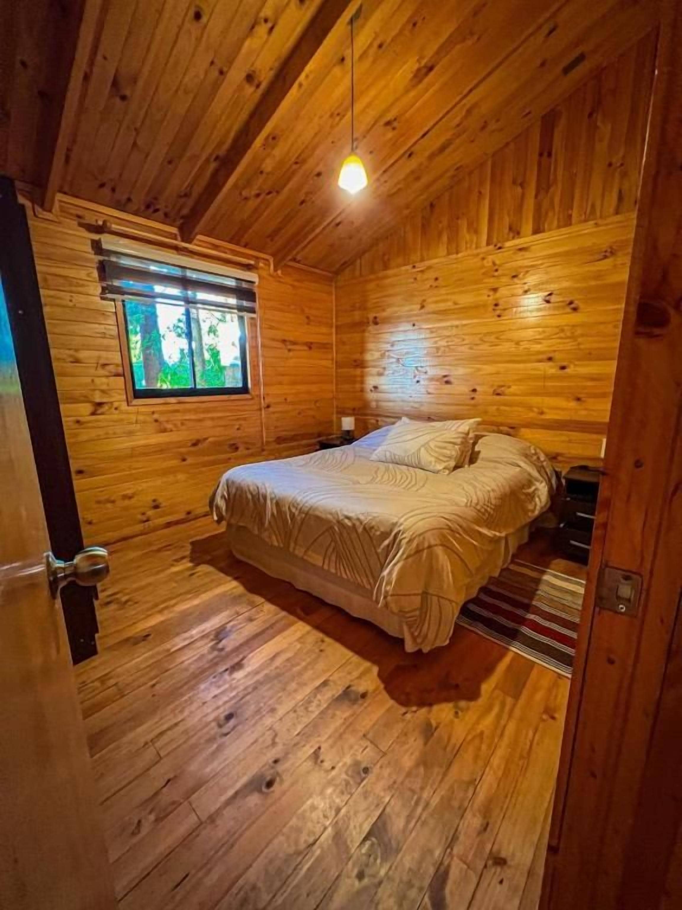 A wooden cabin bedroom with a bed, a window, and a door.