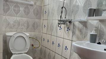 Hair dryer, towels, soap, toilet paper
