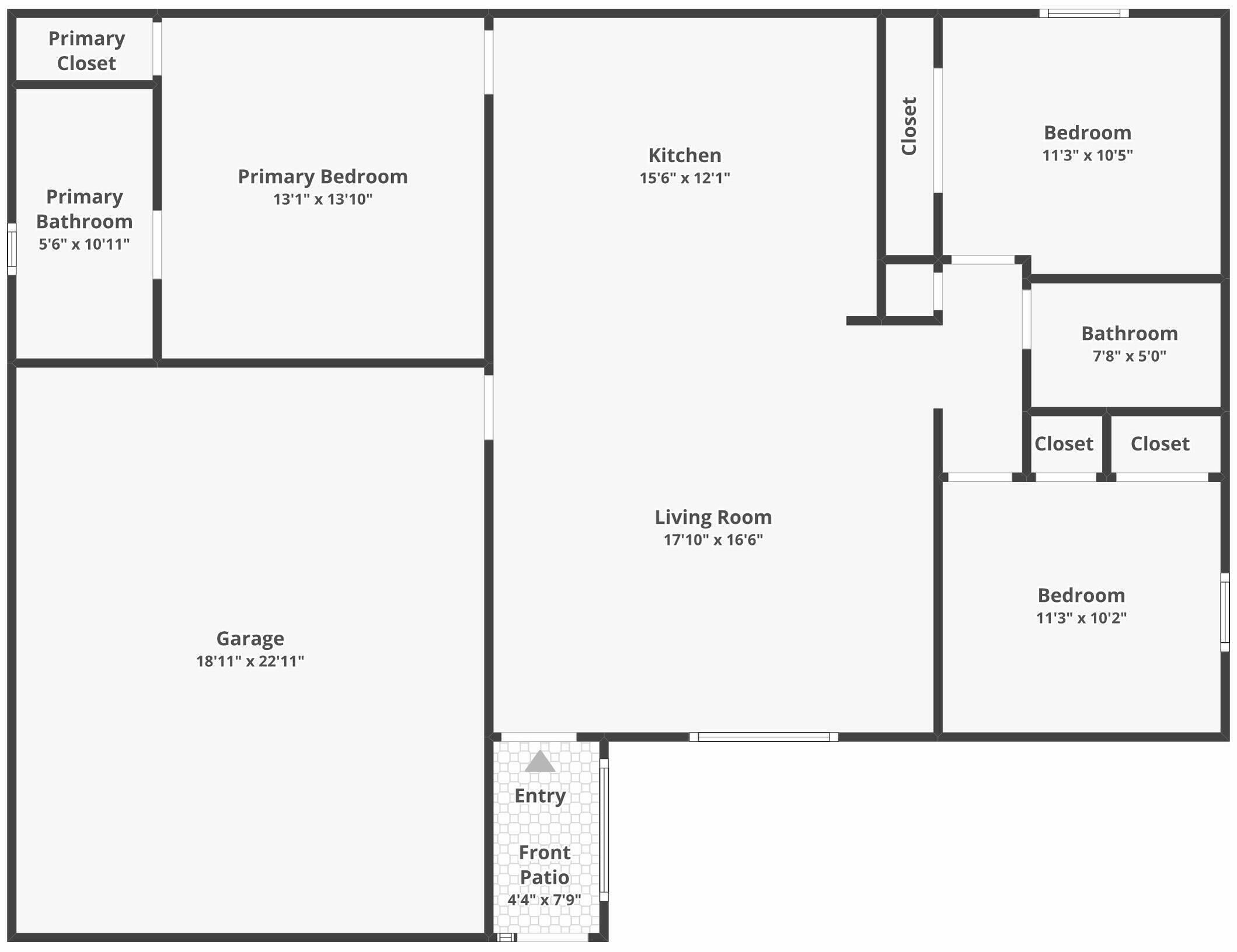 A floor plan with a primary bedroom, bathroom, kitchen, living room, garage, and entry to a front patio.