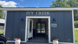 A building labeled 'Ivy Creek Farm Stand' with a door open, two potted plants, and a sign indicating 'Open Always.' - Mountain Peace 25 Min from Downtown Asheville (Barnardsville)