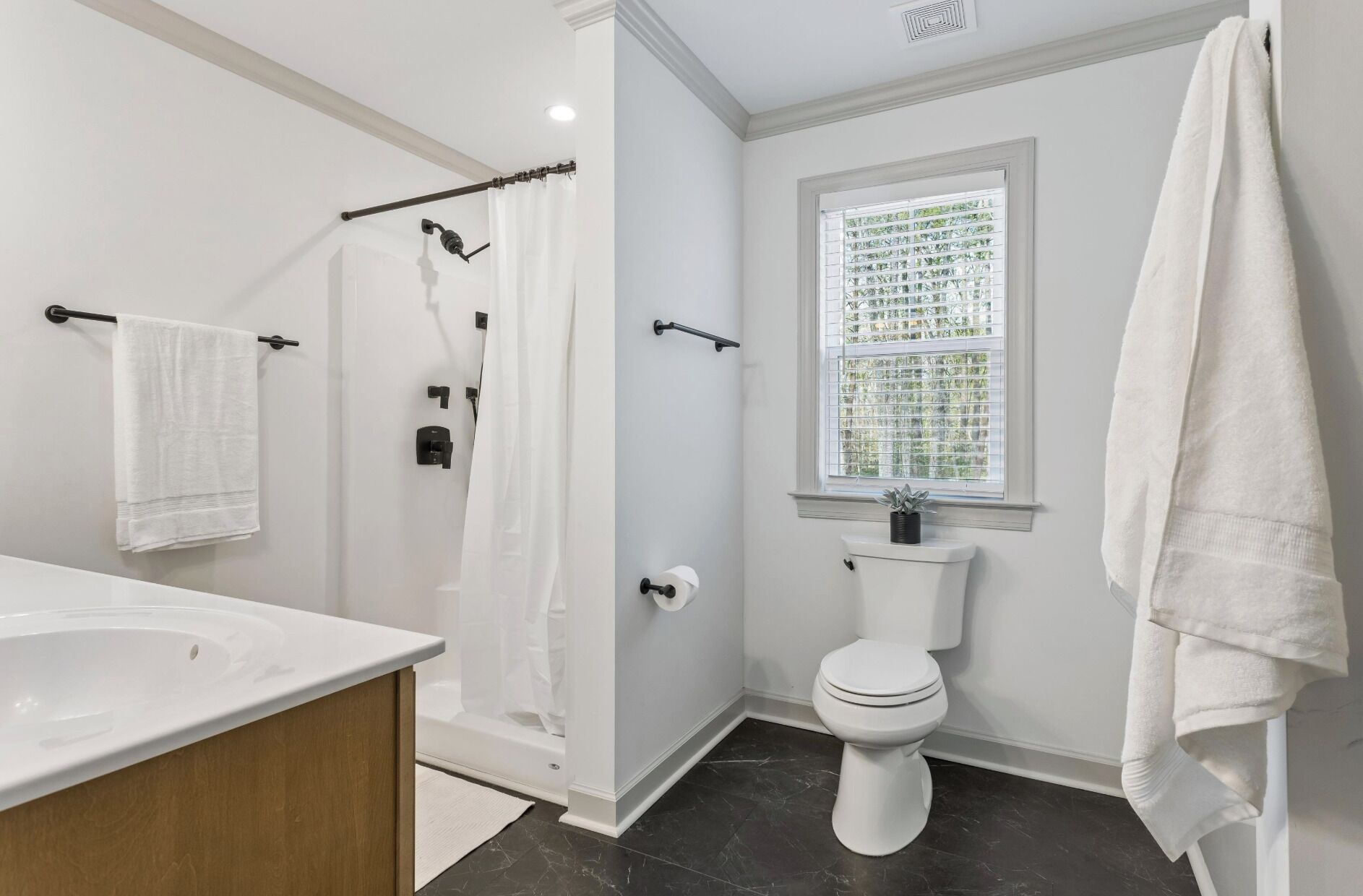 Hair dryer, towels, soap, toilet paper