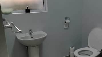 Un baño con lavamanos pedestal, inodoro y ventana sobre el lavamanos.