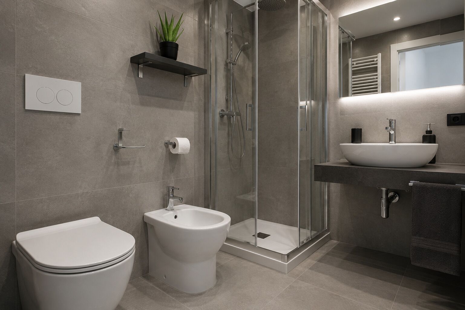 Ein modernes Badezimmer mit Toilette, Bidet, Duschkabine aus Glas und einem Waschbecken mit Aufsatzbecken.