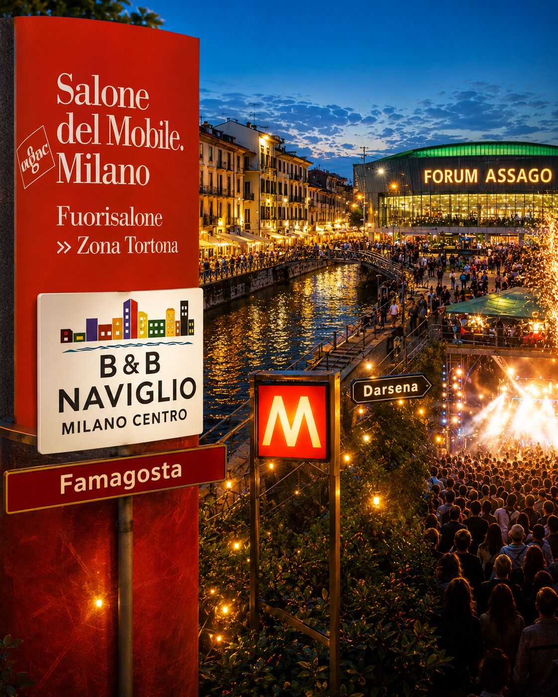 Un evento all'aperto affollato con un palco, una grande folla e un fiume sullo sfondo.