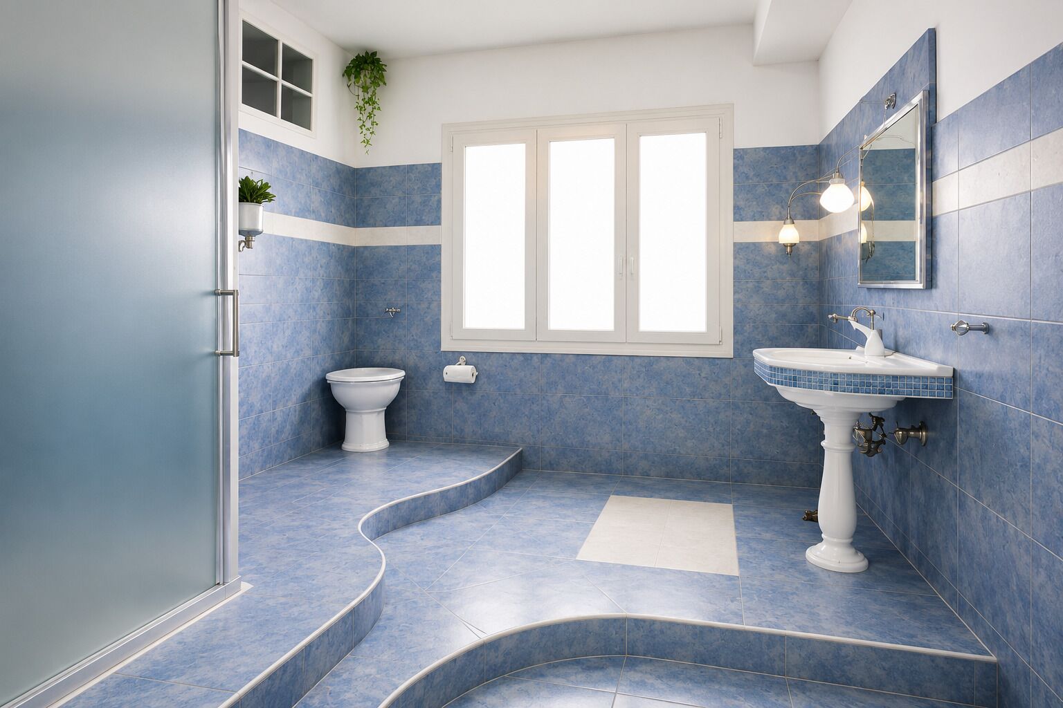 Ein Badezimmer mit einem weißen Waschtisch, einer Toilette und einer Duschkabine.