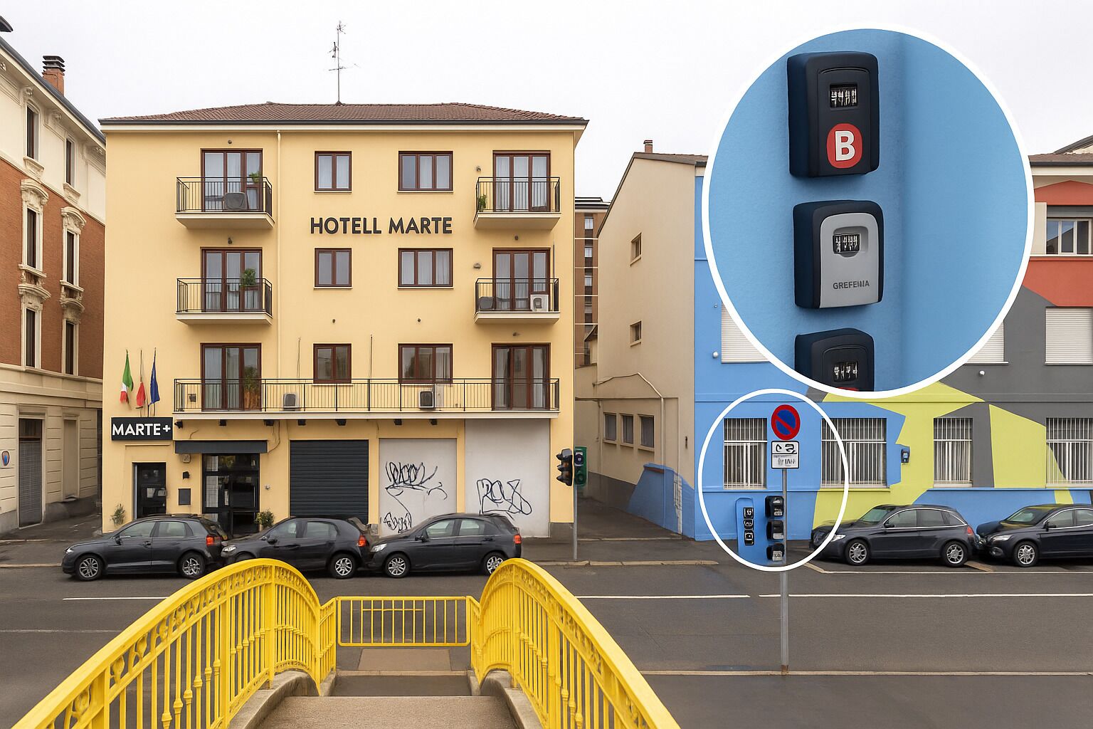 A hotel named 'HOTELL MARTE' with a yellow facade, multiple balconies, and a parking area with cars.