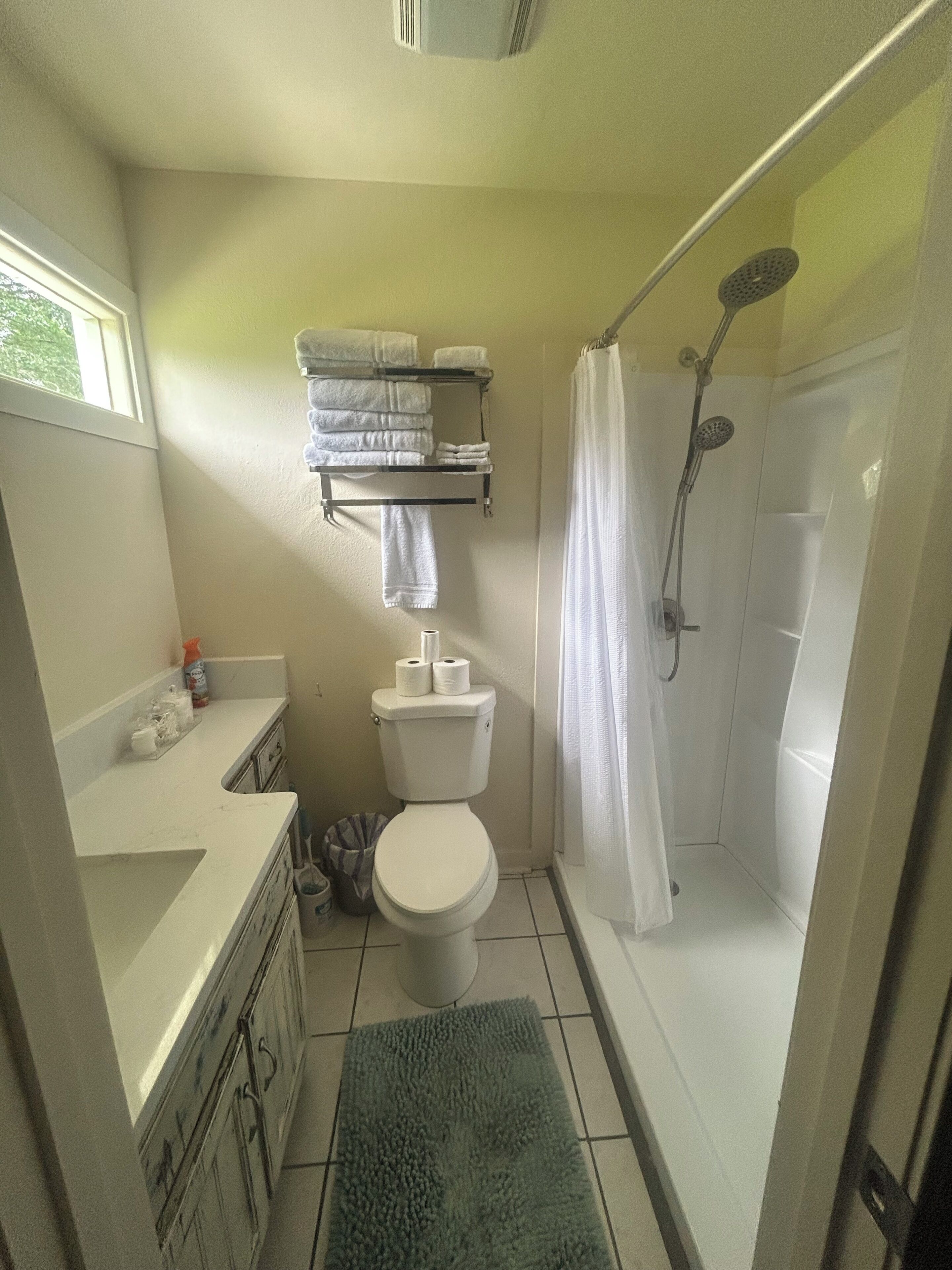 A compact bathroom with a toilet, a shower, and a towel rack.