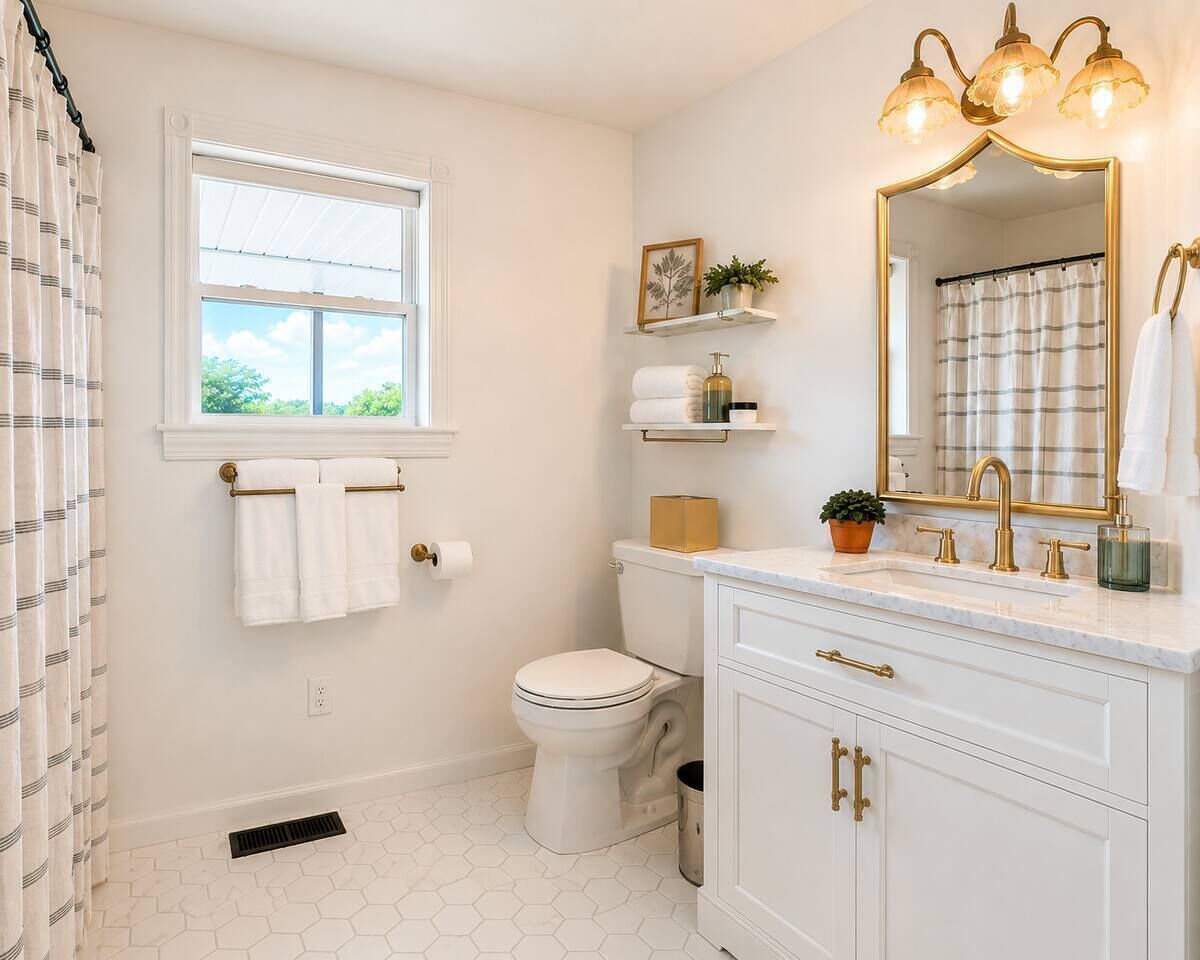 A bathroom with a toilet, sink, and window.