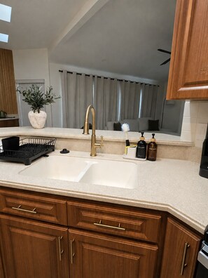 A kitchen with a double sink, wooden cabinets, a potted plant, and a window with curtains. - Sand and Sage: 3BR, 2BH, Heated Pool, Fenced Yard (Spring Hill)