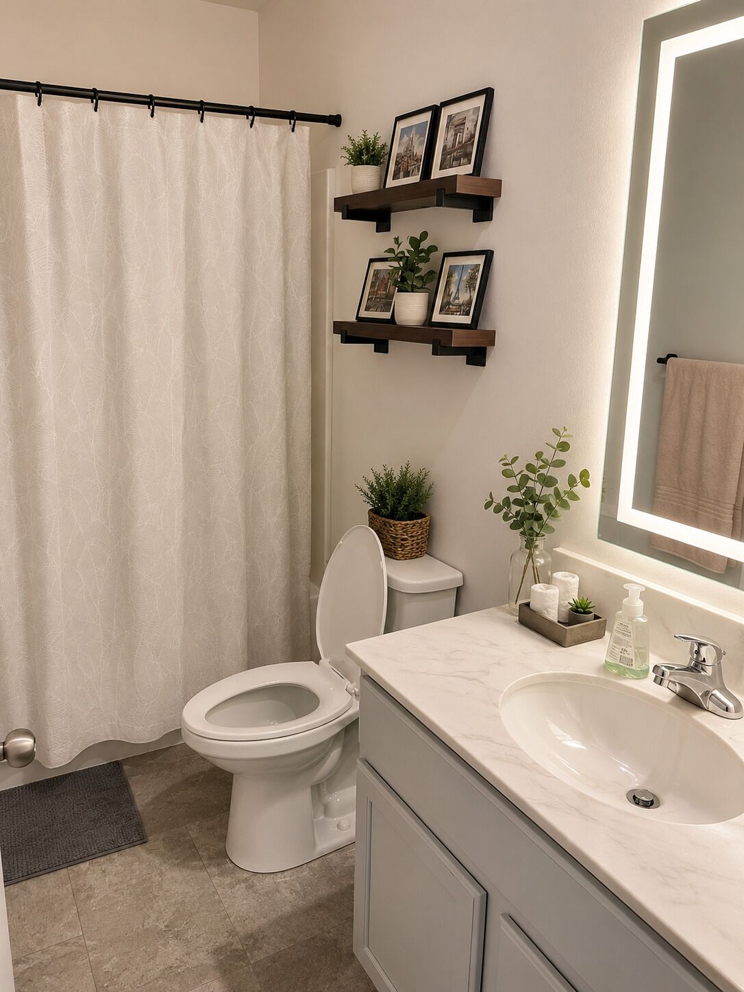 Hair dryer, bidet, towels, soap
