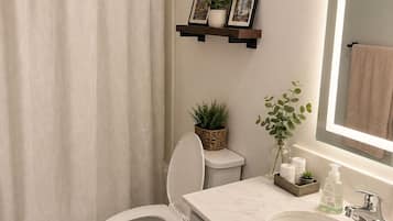 Hair dryer, bidet, towels, soap