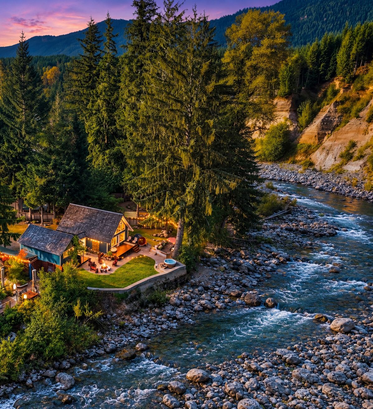 A lodge with a river view, surrounded by dense forest and mountains.