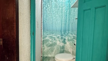 Shower, towels, soap, toilet paper
