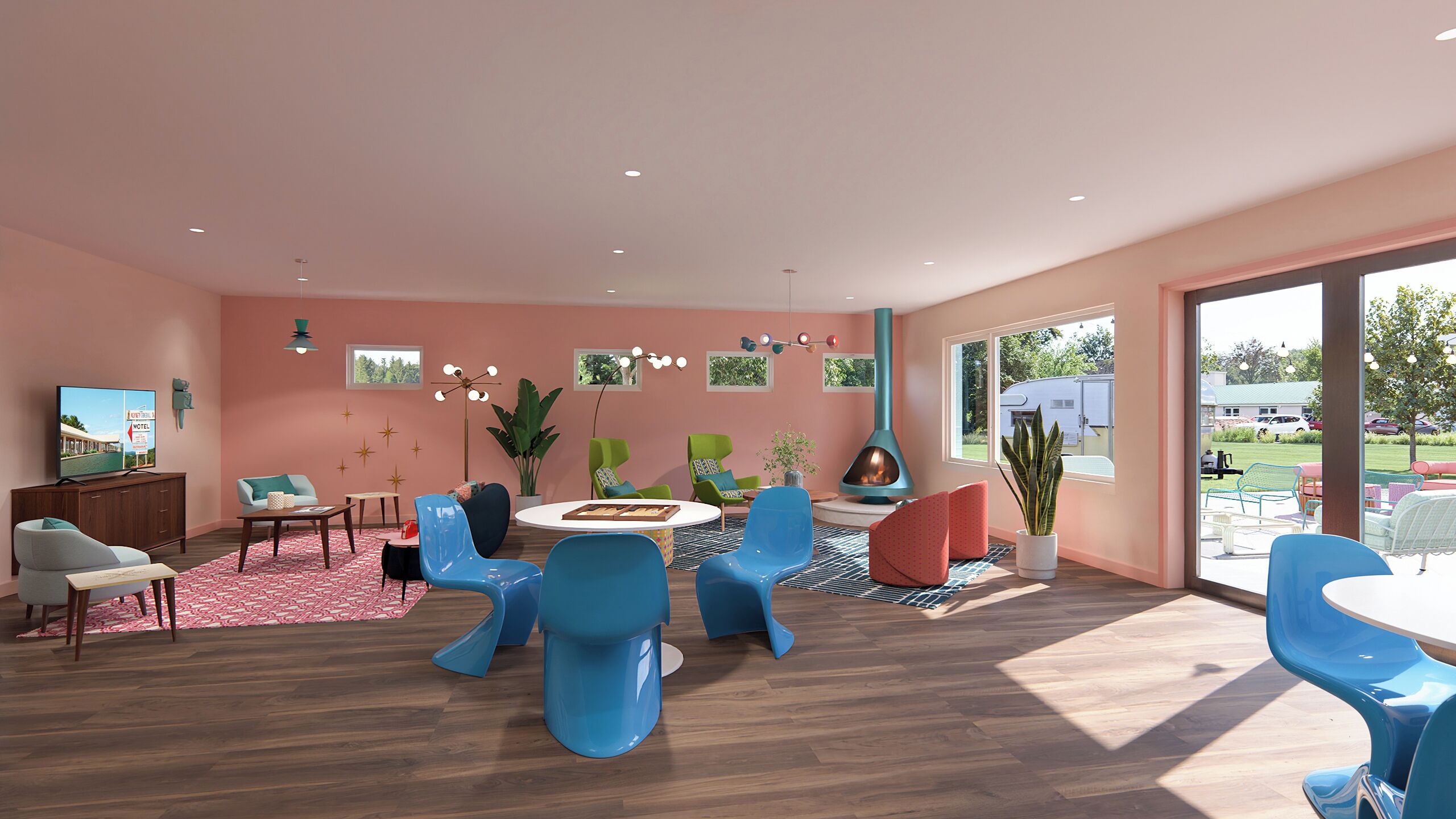 A spacious room with a large window, a fireplace, and a variety of seating arrangements.