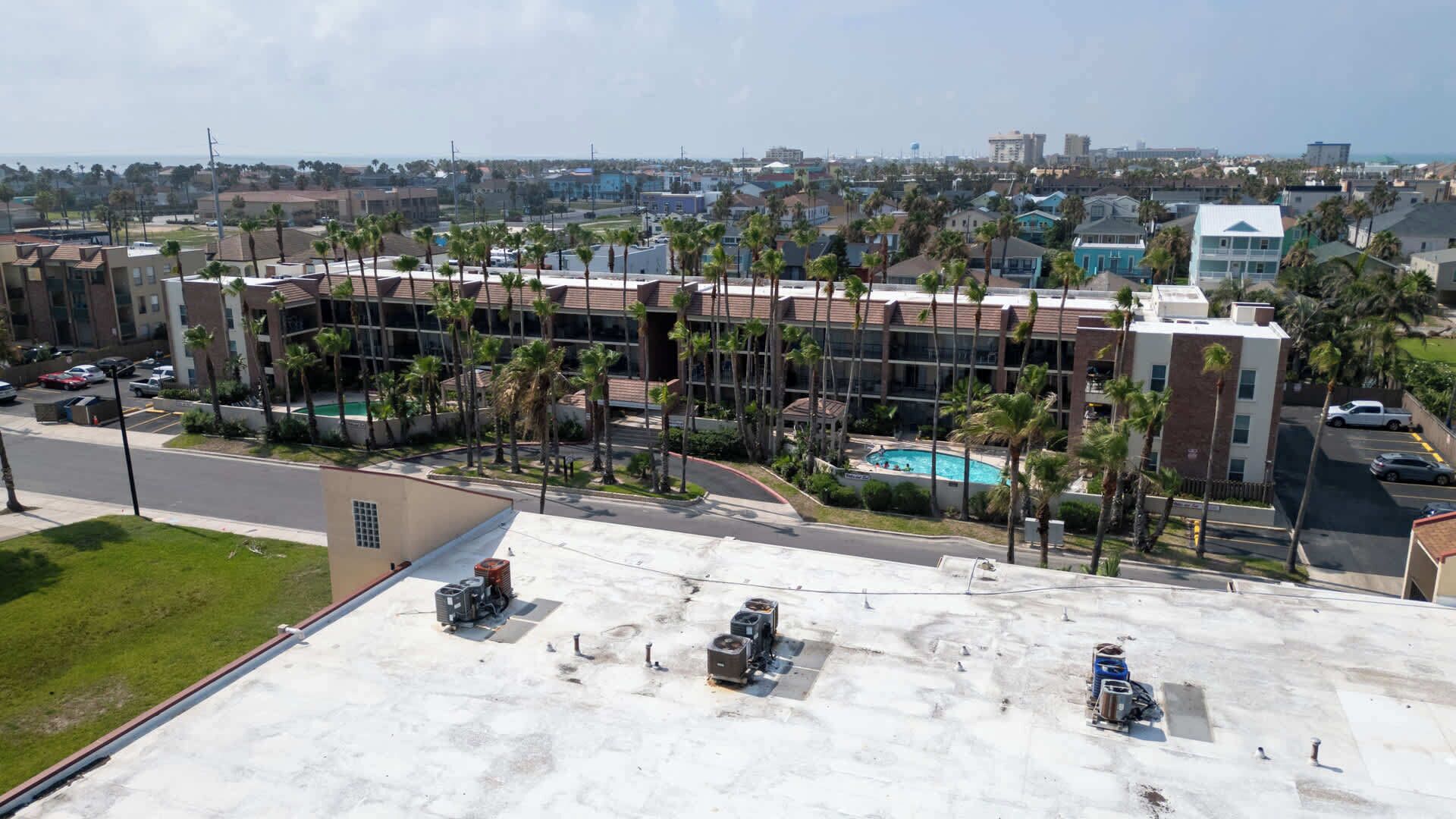 A hotel with a pool, palm trees, and a view of the city.