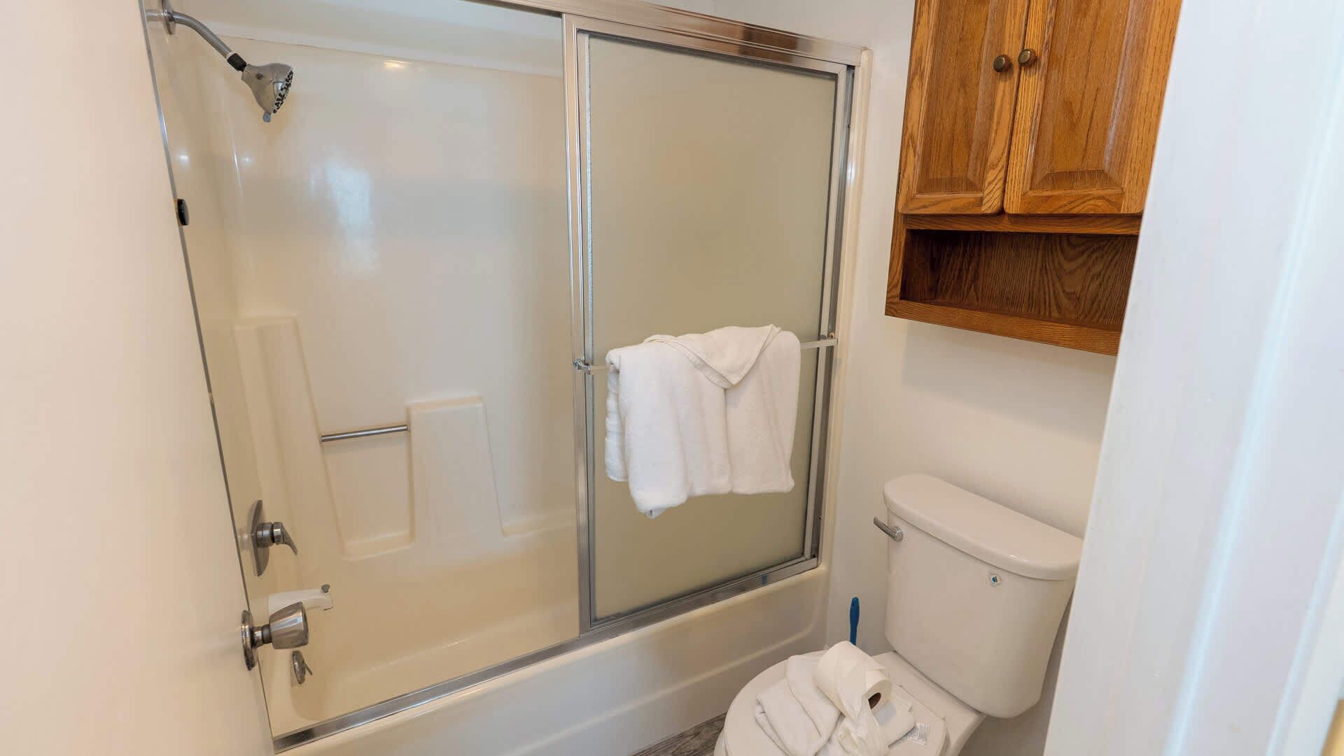 A bathroom with a glass-enclosed shower, a toilet, and a wooden cabinet.