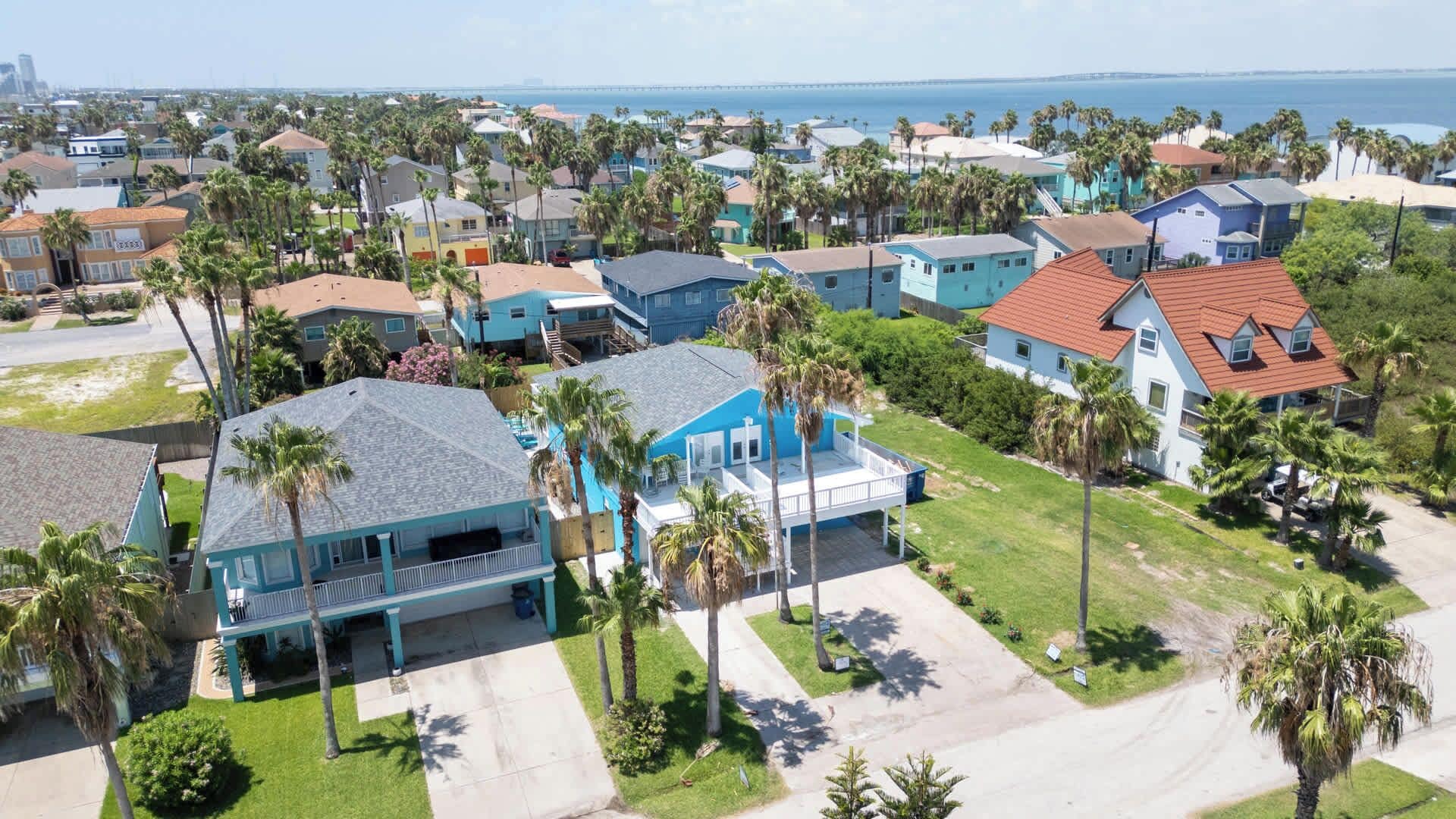 A residential area with houses, palm trees, and a view of the ocean.