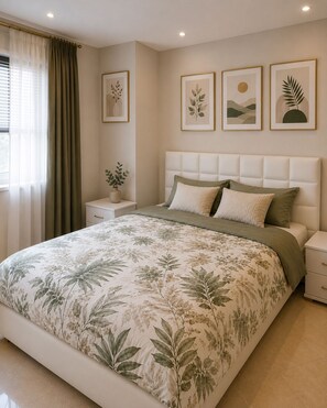 A bedroom with a large bed, a headboard, bedside tables, and a window with curtains.