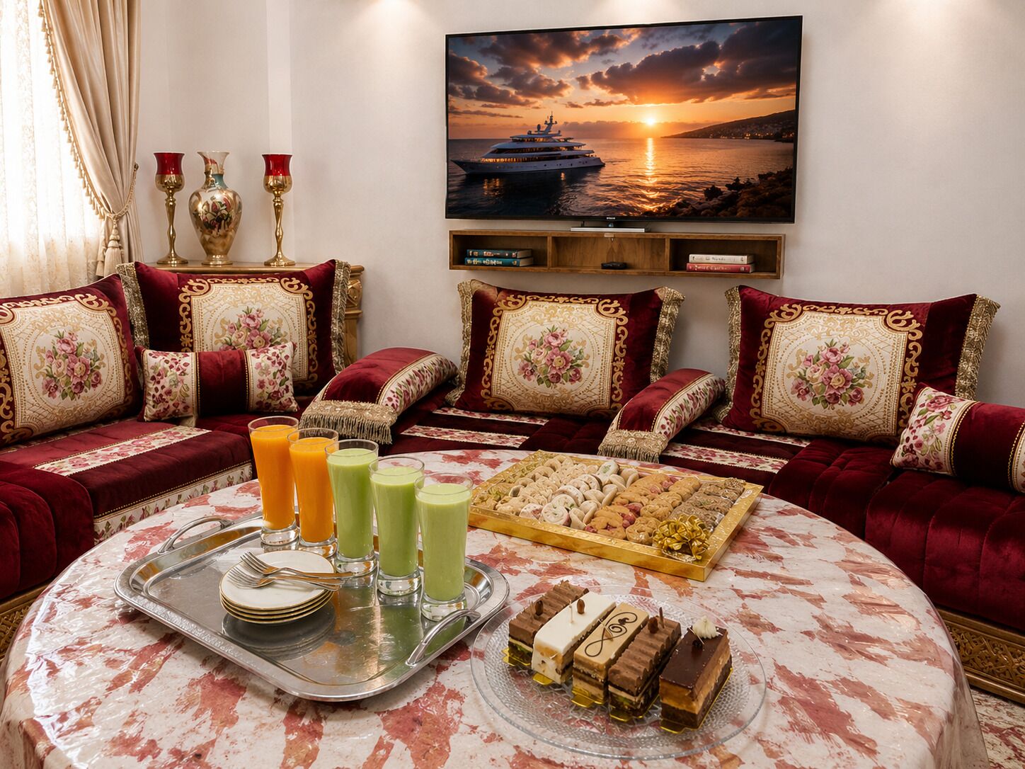 A living room with a round table, sofas, a tray with drinks and pastries, and a painting of a sunset over water.