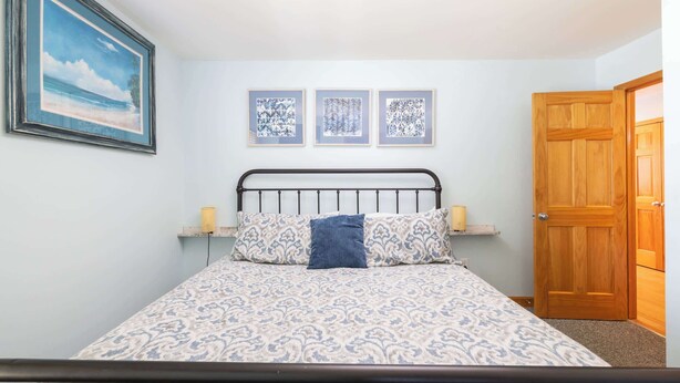 Un dormitorio con una cama, una puerta de madera y un cuadro en la pared.