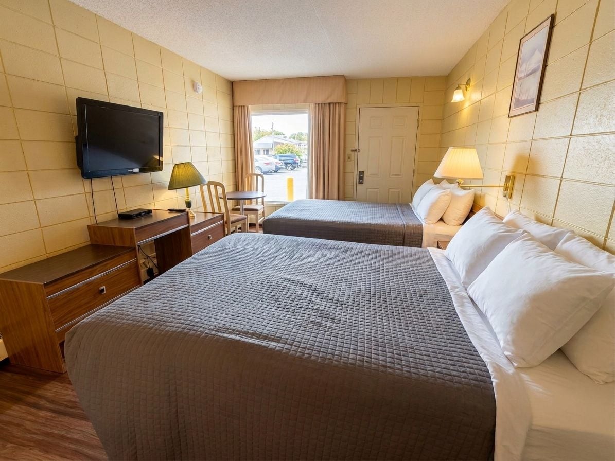 A hotel room with two beds, a television, a desk with a lamp, and a view of the outside.