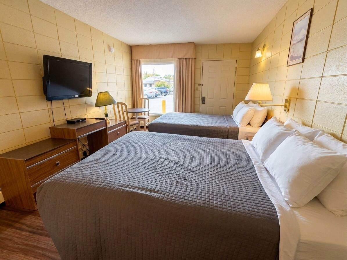 A hotel room with two beds, a television, a desk with a lamp, and a view of the outside.