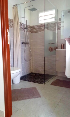 A bathroom with a glass shower enclosure, a toilet, a sink, and a mirror. - BEAUVALETTE SOLEIL (Sainte-Anne)