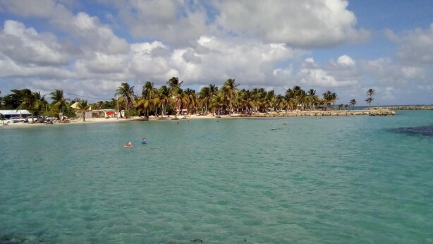 A beach with clear turquoise water, palm trees, and a rocky outcrop. - BEAUVALETTE SOLEIL (Sainte-Anne)
