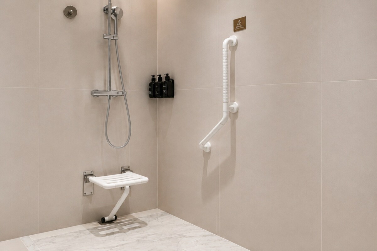 A modern bathroom with a shower, a toilet, and a sink.