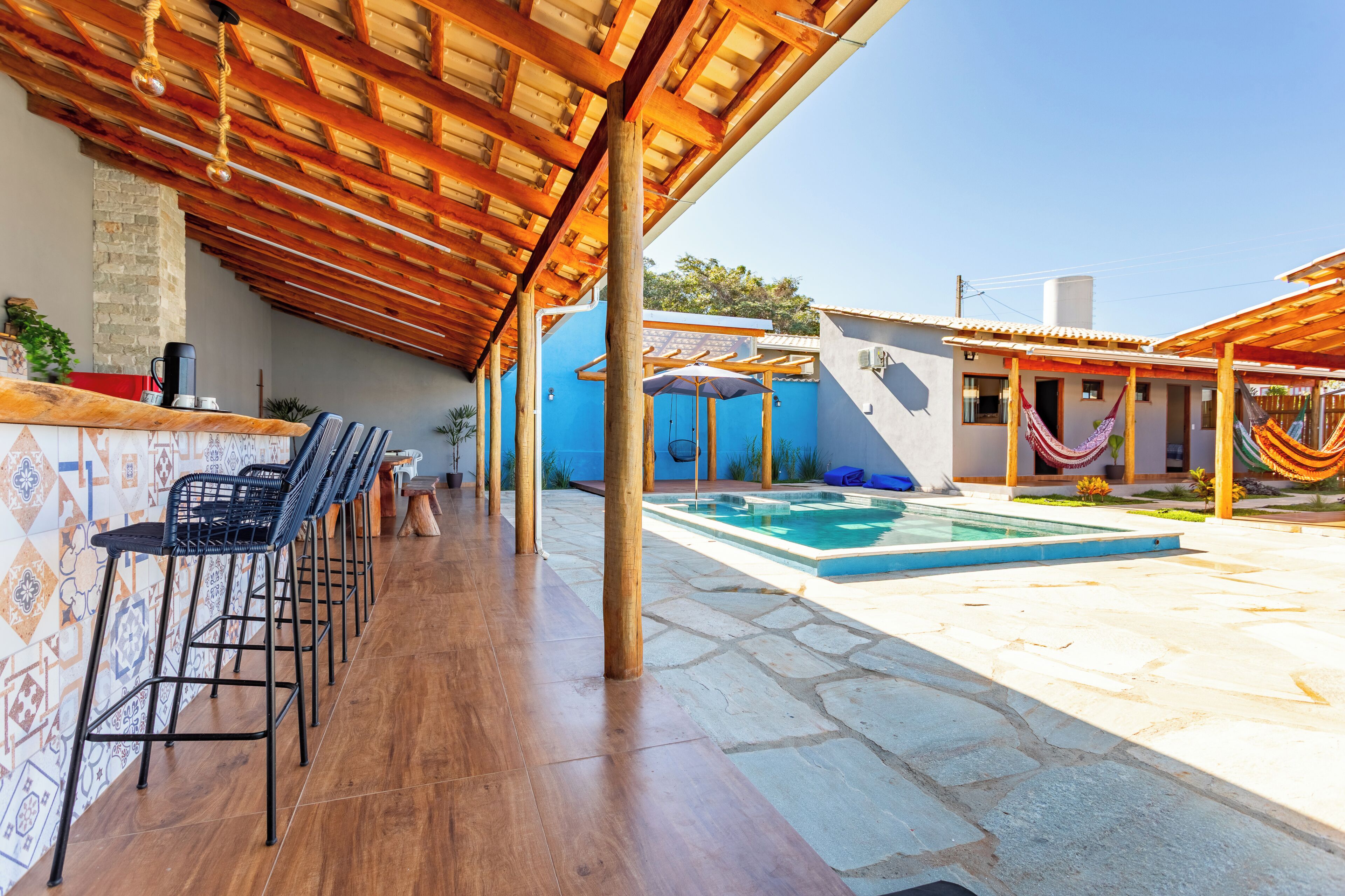 Indoor pool, pool umbrellas, pool loungers
