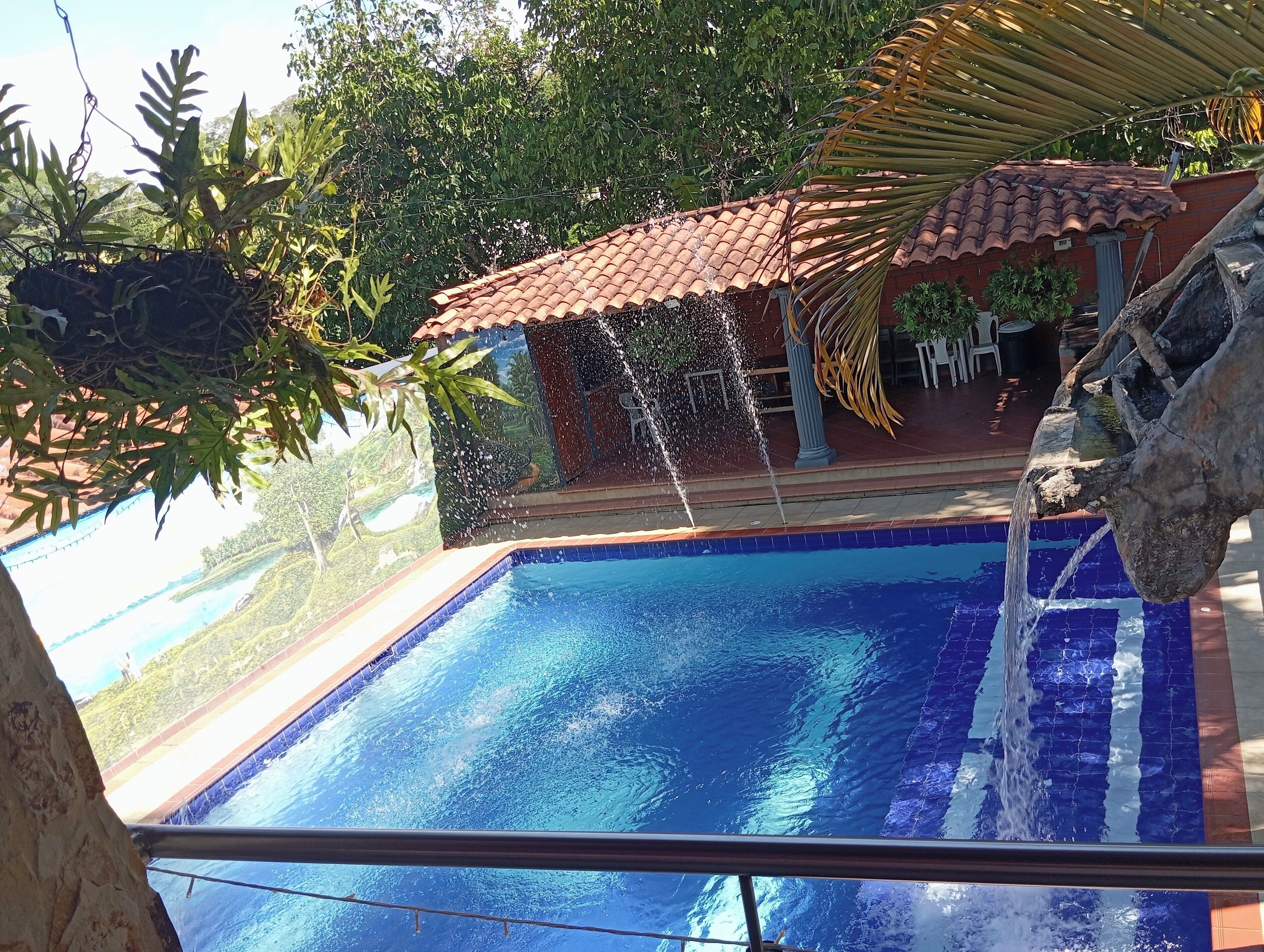 Una piscina con un elemento acuático, rodeada de follaje y una estructura de techo con azulejos.