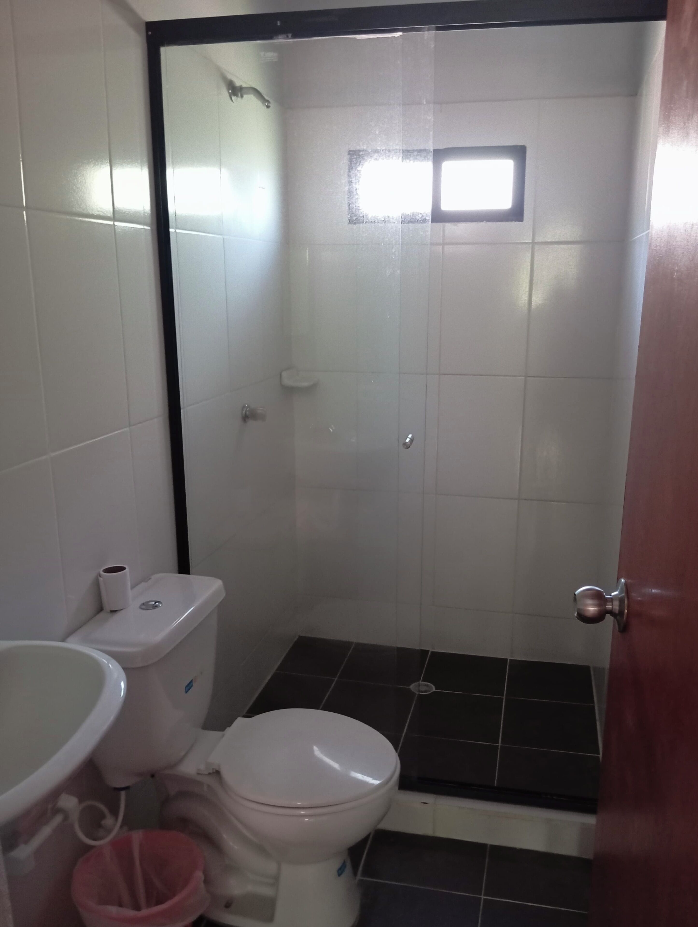 Shower, towels, soap, toilet paper