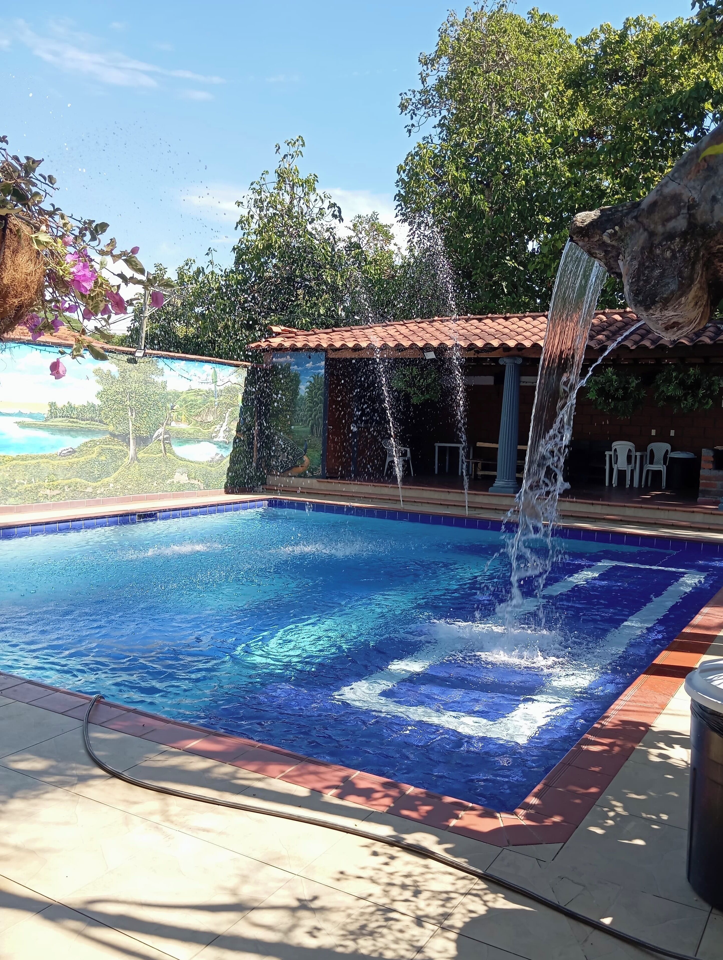 A swimming pool with a water feature, surrounded by a tiled deck and a mural.