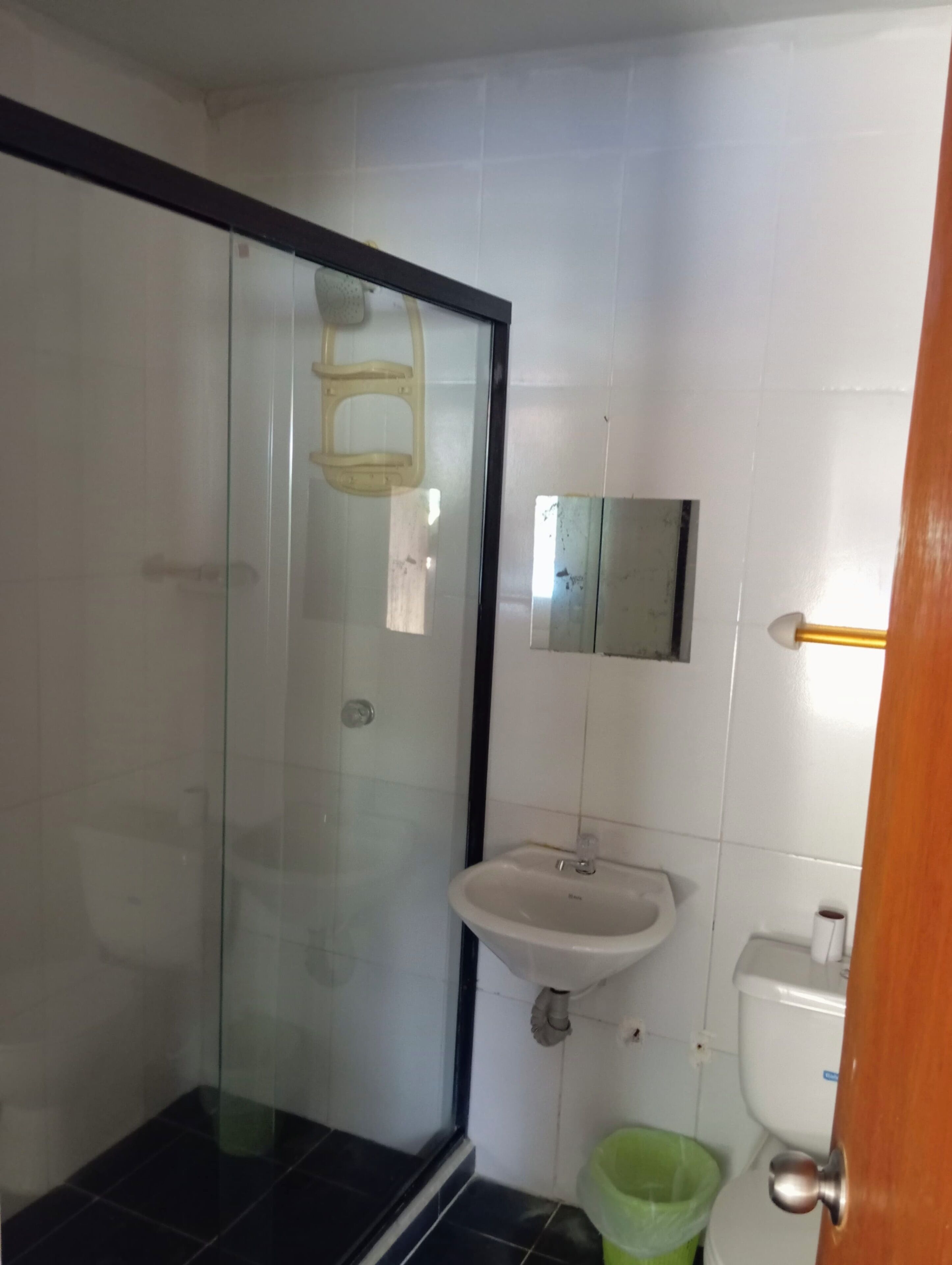 A bathroom with a glass shower enclosure, a sink, and a toilet.
