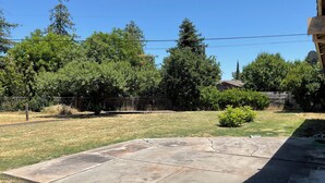 A backyard with a concrete patio, a lawn, and trees. - 3-bedroom house in lovely Stockton with cool AC and comfort (Stockton)
