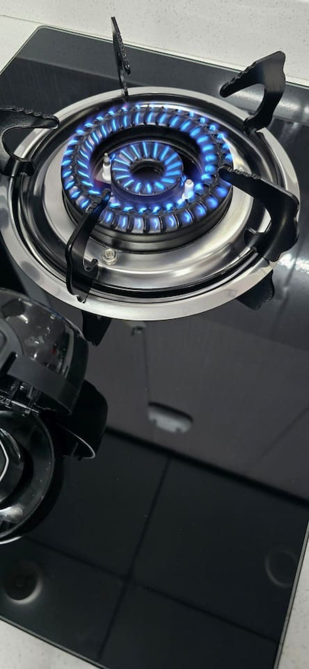 Une cuisinière à gaz avec un brûleur à flamme bleue.