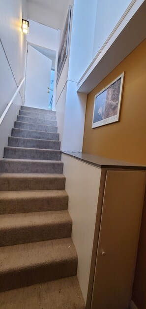 A staircase with a handrail, a door at the top, and a framed picture on the wall. - West Vancouver 5BR/4BA House | Patio · Garden & BBQ (West Vancouver)