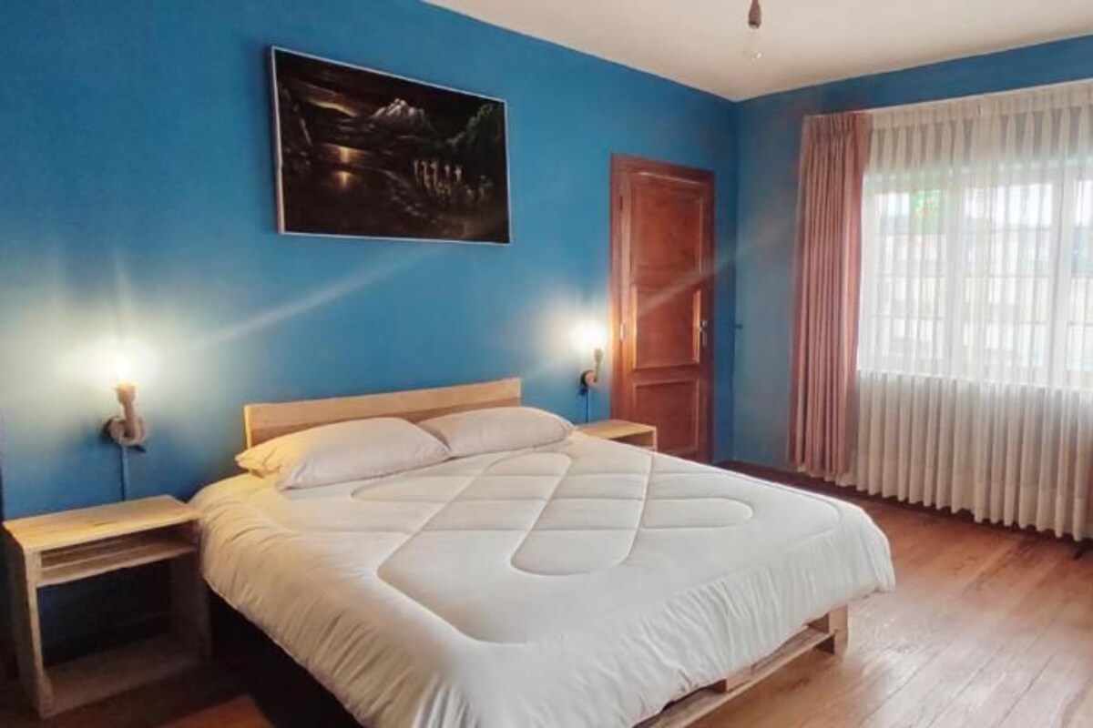 A bedroom with a bed, nightstands, a chair, a window with curtains, and a wall-mounted picture.