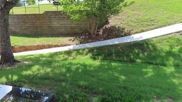 A grassy outdoor area with a paved walkway, a tree, and a metal chair.
