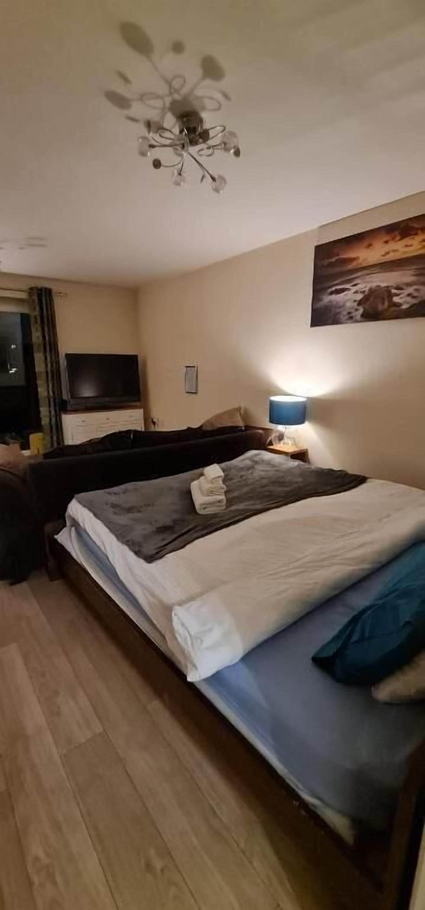 A bedroom with a bed, a TV, a lamp, and a painting on the wall.
