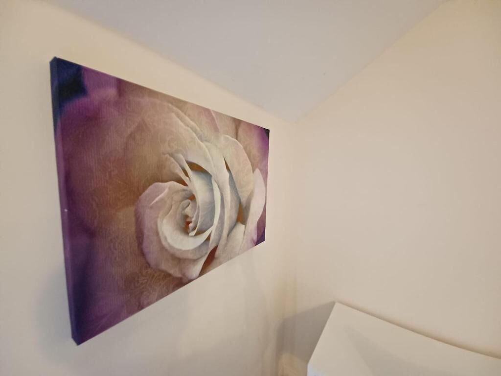 Een schilderij van een roos op een muur.